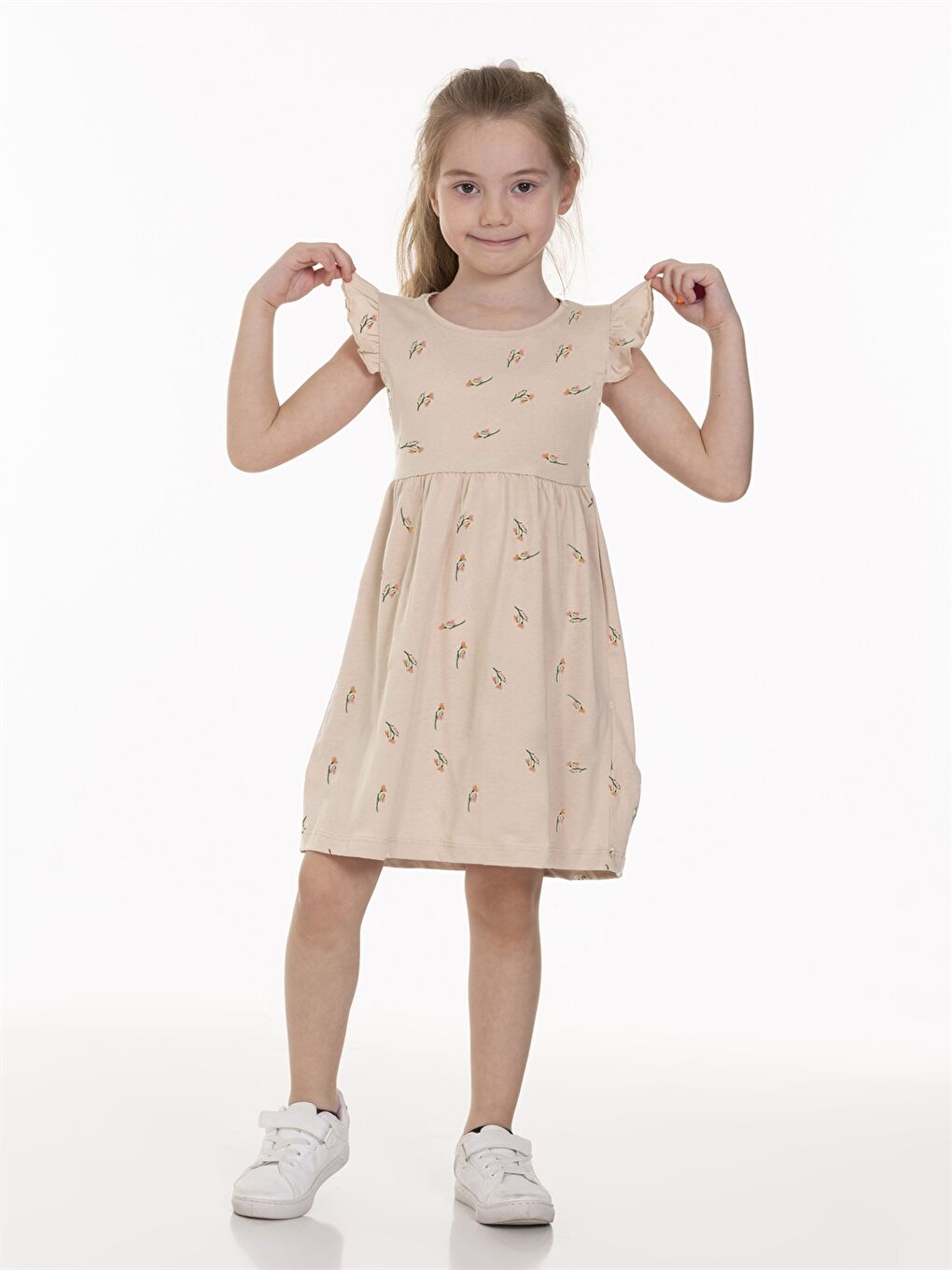 Ekru Bisiklet Yaka Kısa Kollu Kız Bebek Elbise