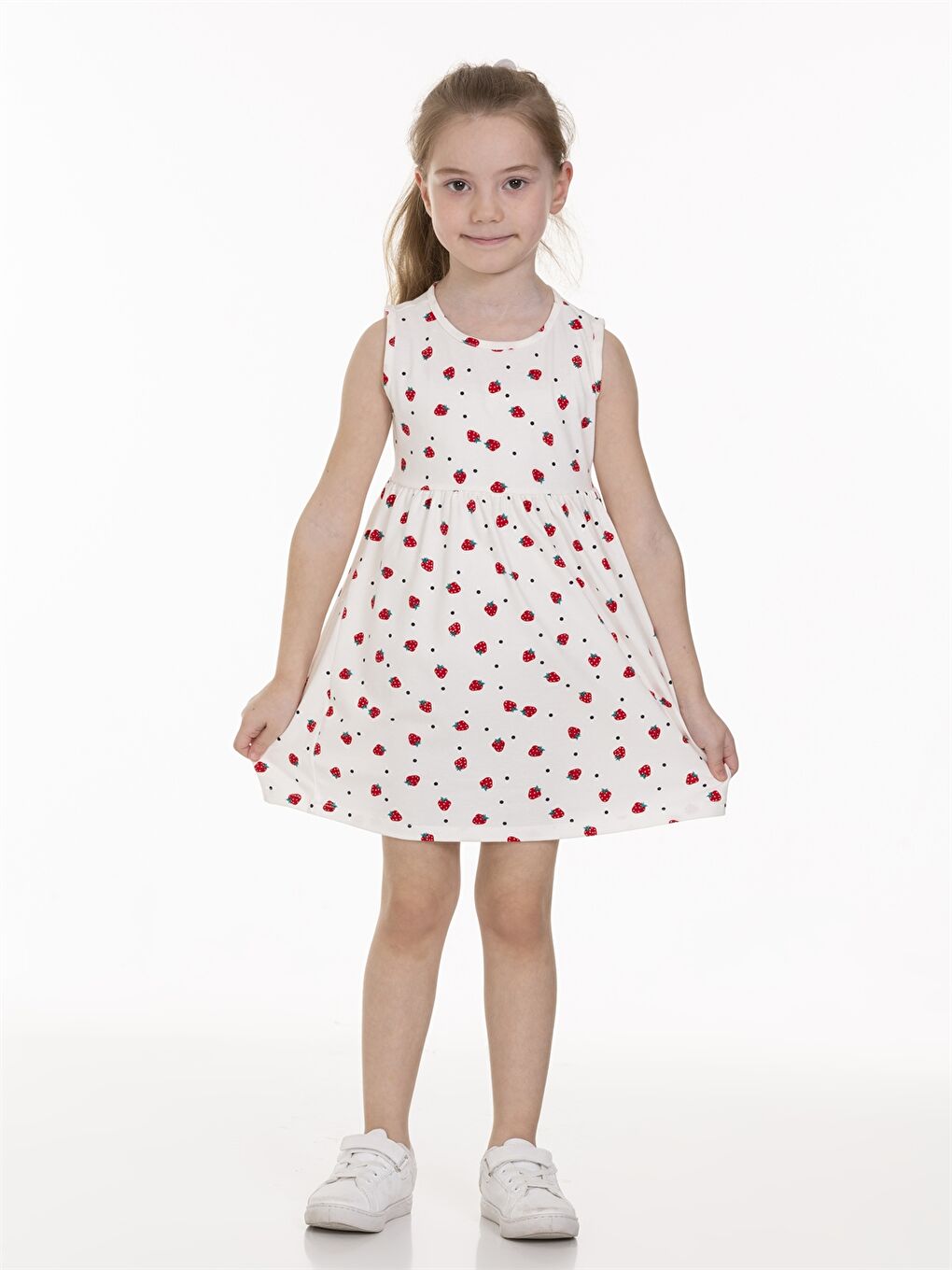 Ekru Bisiklet Yaka Desenli Kız Bebek Elbise