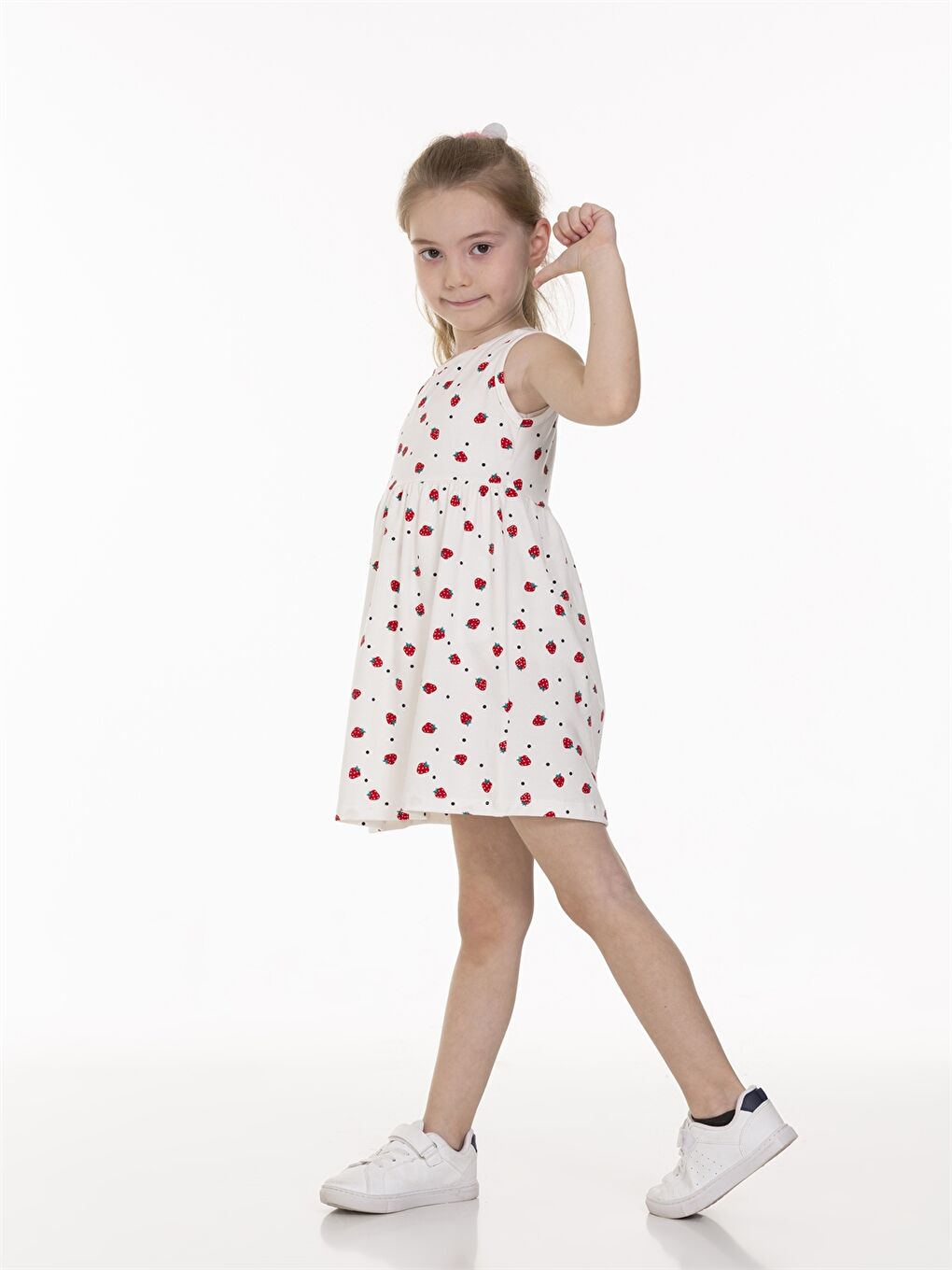 Ekru Bisiklet Yaka Desenli Kız Bebek Elbise-1
