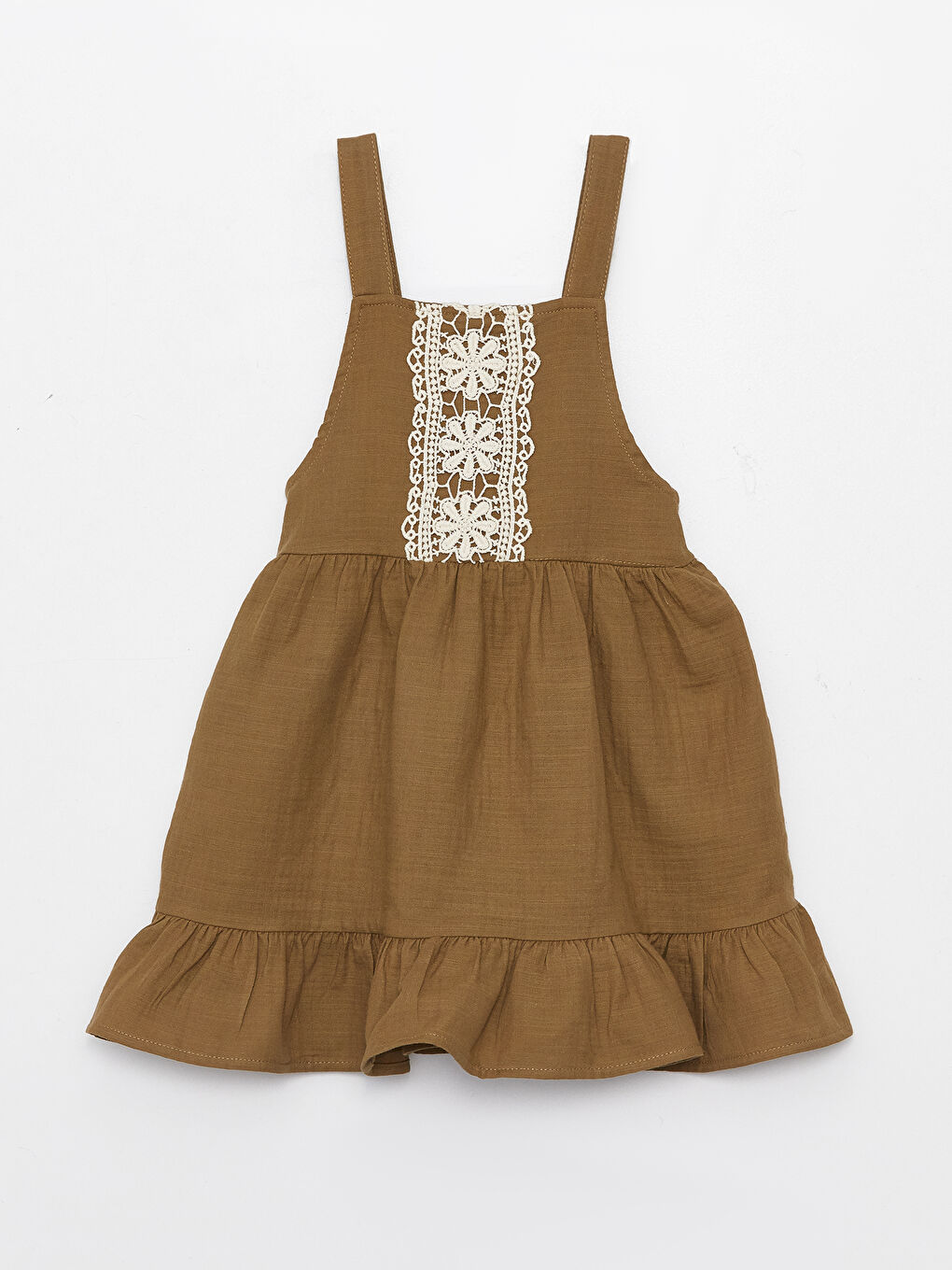 Yeşil Kare Yaka Nakış Detaylı Kız Bebek Elbise