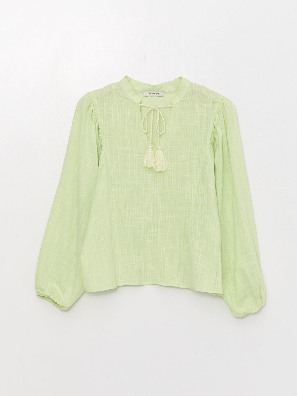 Yeşil Bağlamalı Yaka Düz Uzun Kollu Oversize Kadın Bluz-5