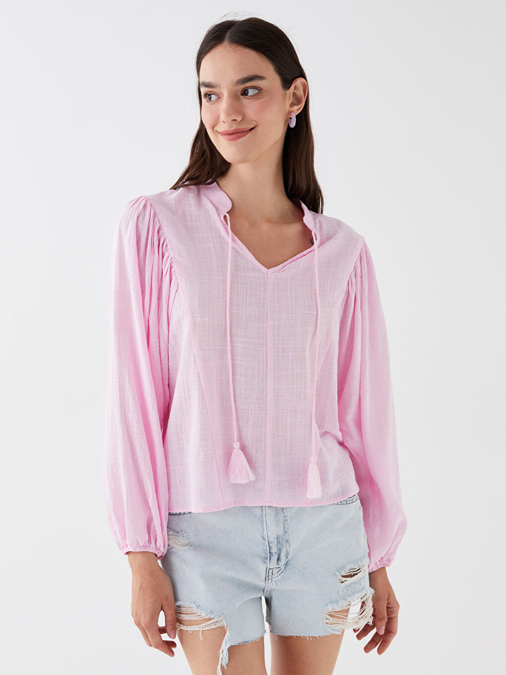 Tie Neck Plain Long Sleeve Oversize Women's Blouse-1