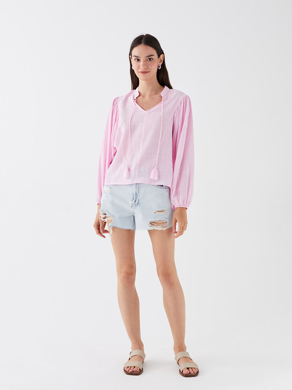 Tie Neck Plain Long Sleeve Oversize Women's Blouse-2