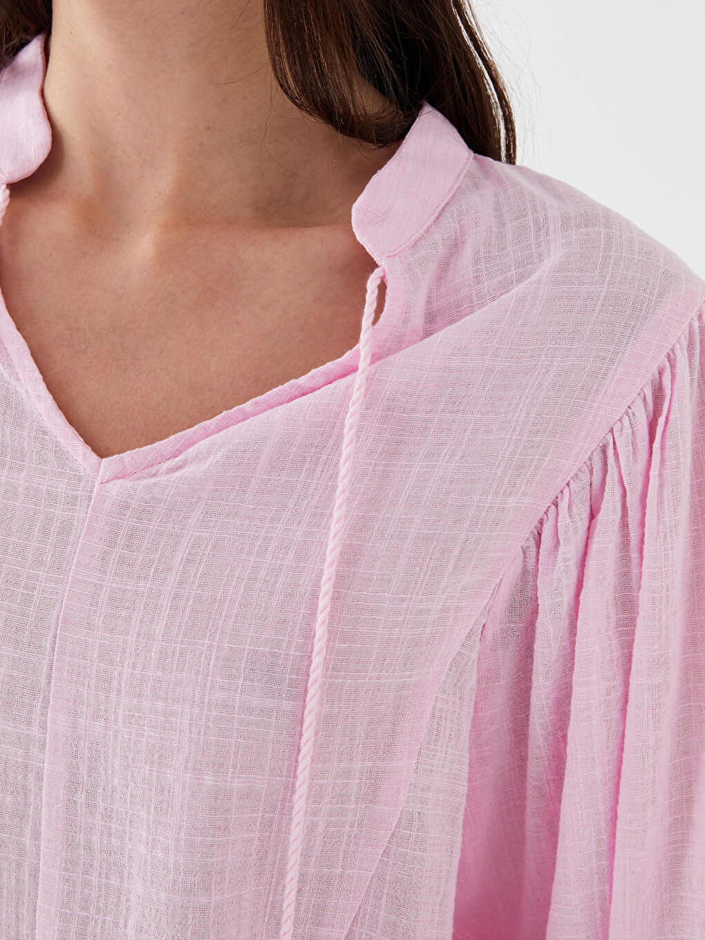 Tie Neck Plain Long Sleeve Oversize Women's Blouse-3