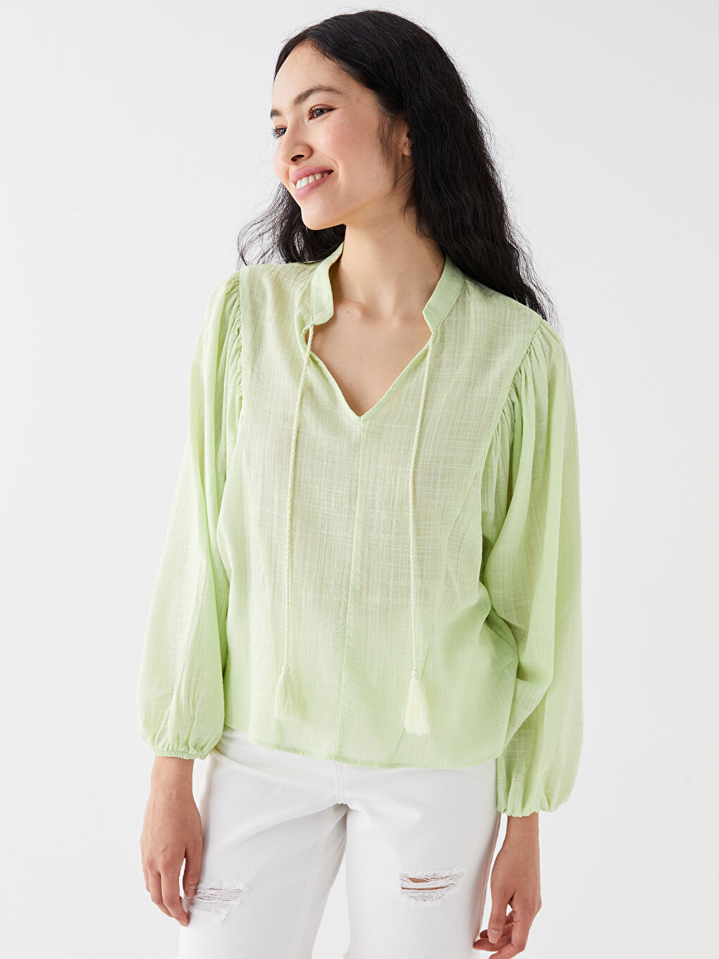 Yeşil Bağlamalı Yaka Düz Uzun Kollu Oversize Kadın Bluz