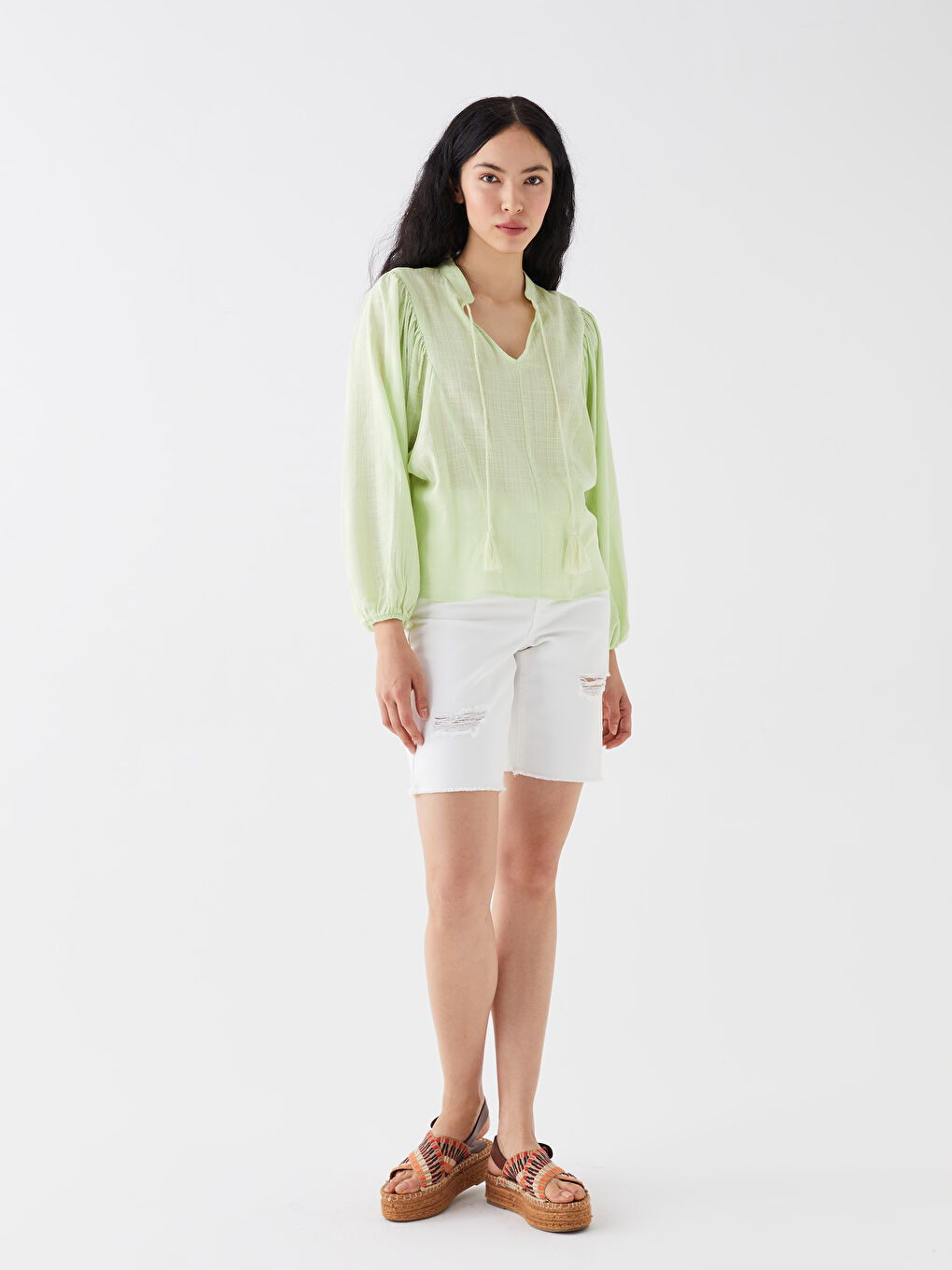 Yeşil Bağlamalı Yaka Düz Uzun Kollu Oversize Kadın Bluz-2