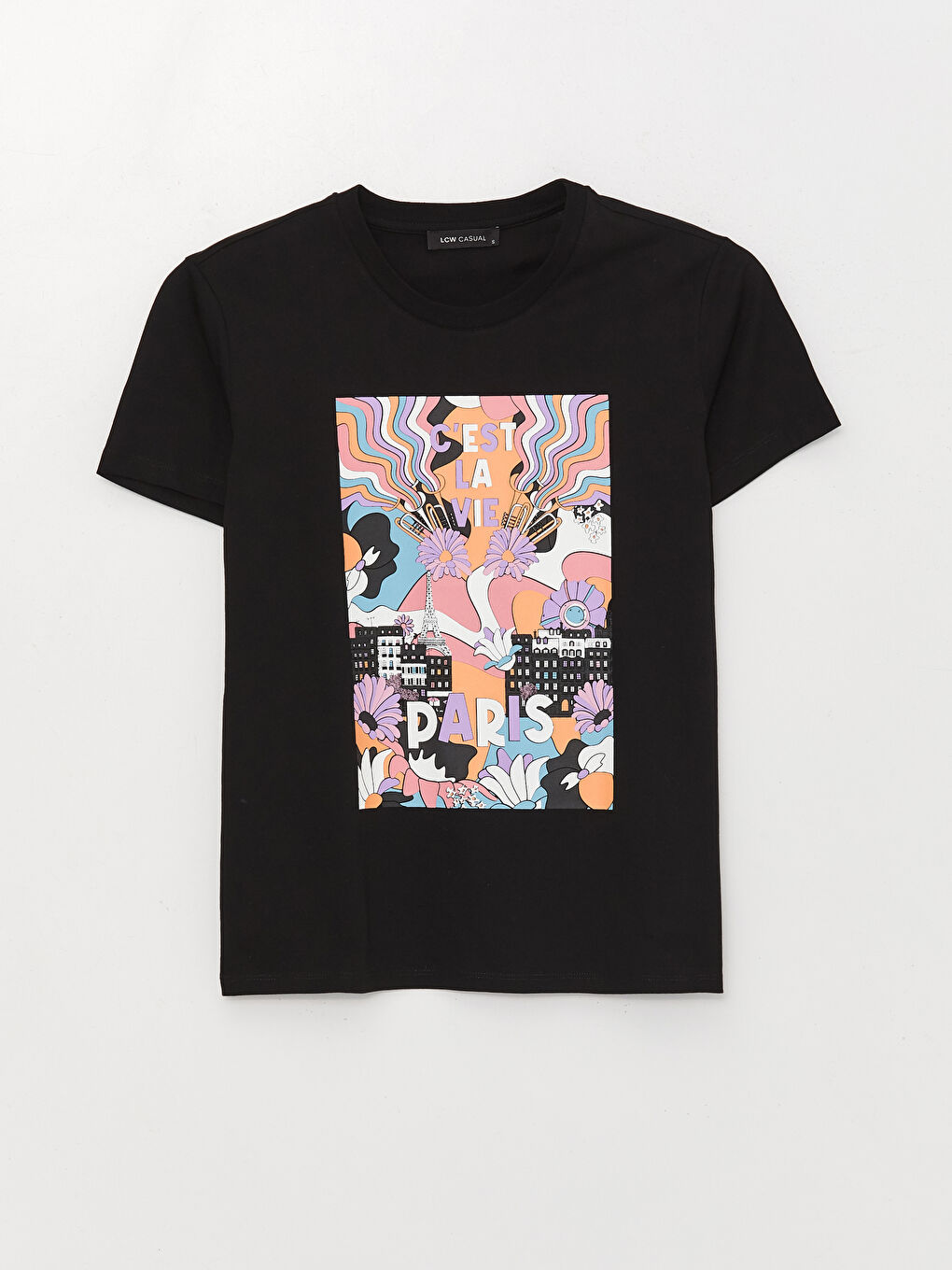 Siyah Bisiklet Yaka Baskılı Kısa Kollu Kadın Tişört-5