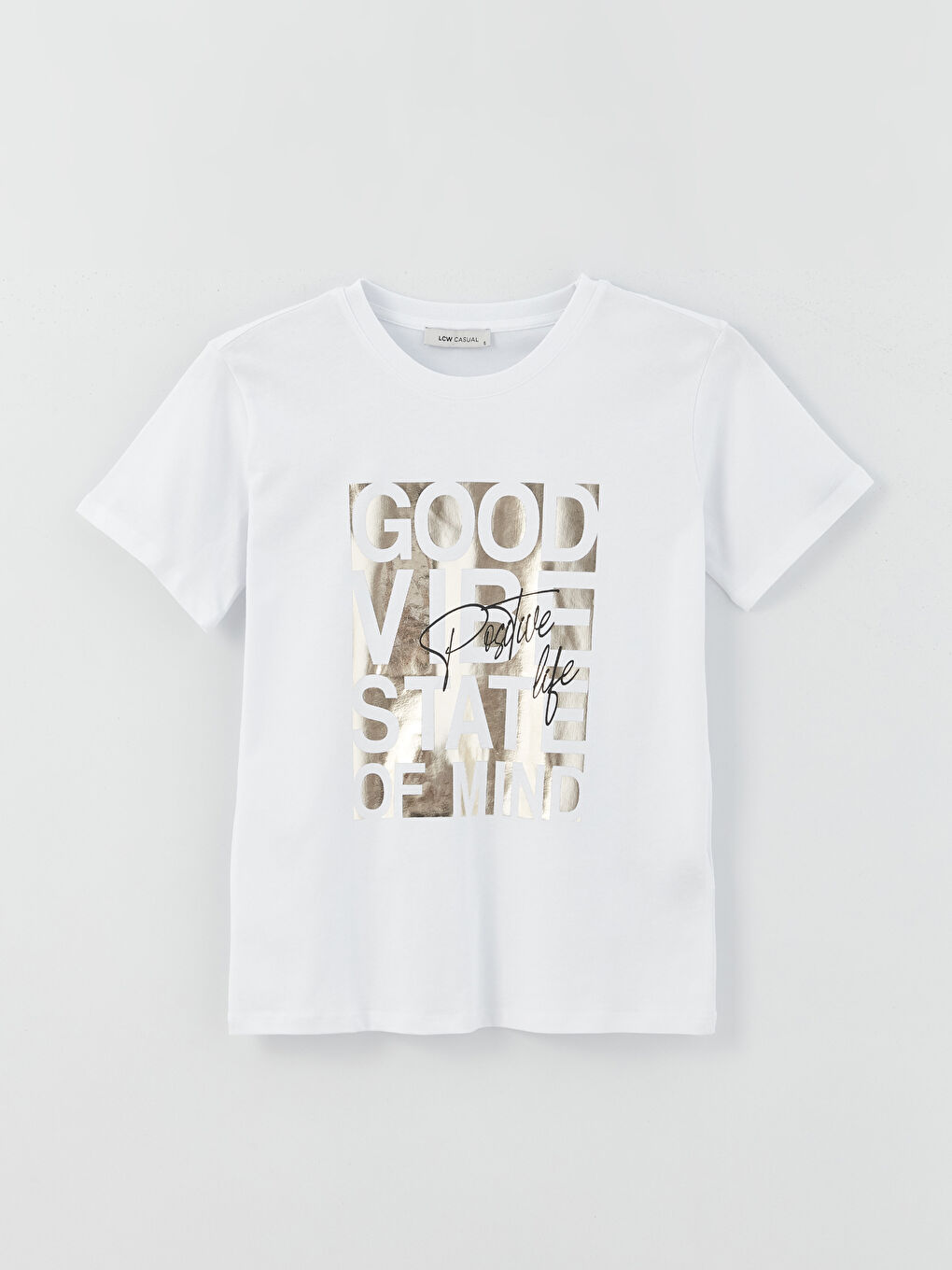 Beyaz Bisiklet Yaka Baskılı Kısa Kollu Kadın Tişört-5