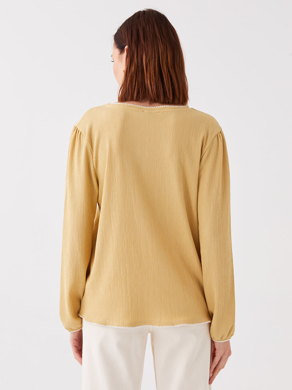 Sarı Bağlamalı Yaka Düz Uzun Kollu Kadın Bluz-4