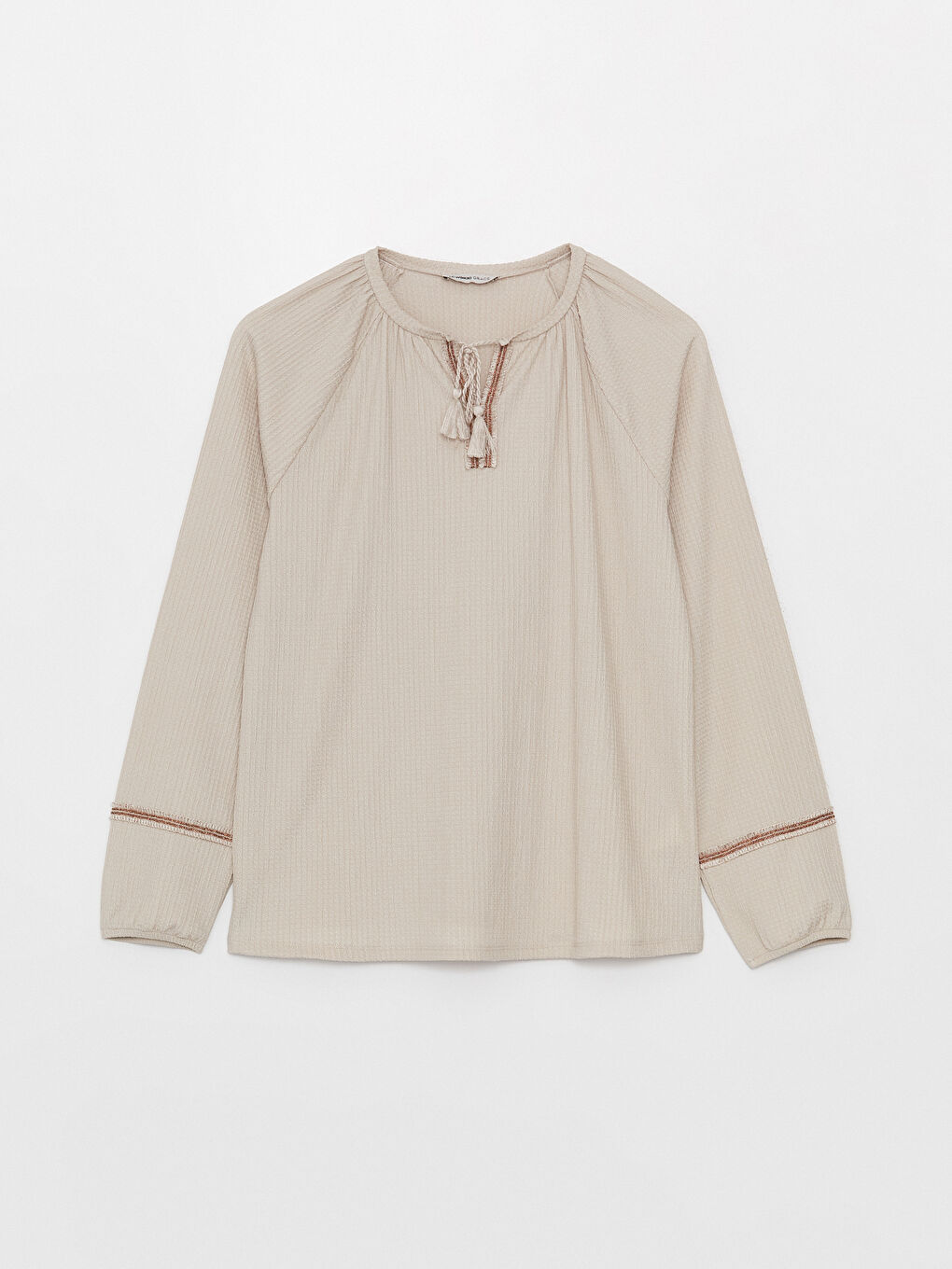 Bej Bağlamalı Yaka Düz Uzun Kollu Kadın Bluz-5