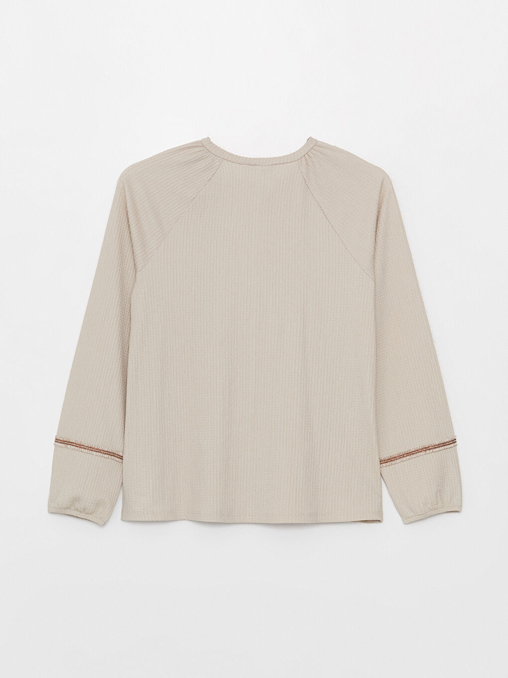 Bej Bağlamalı Yaka Düz Uzun Kollu Kadın Bluz-6