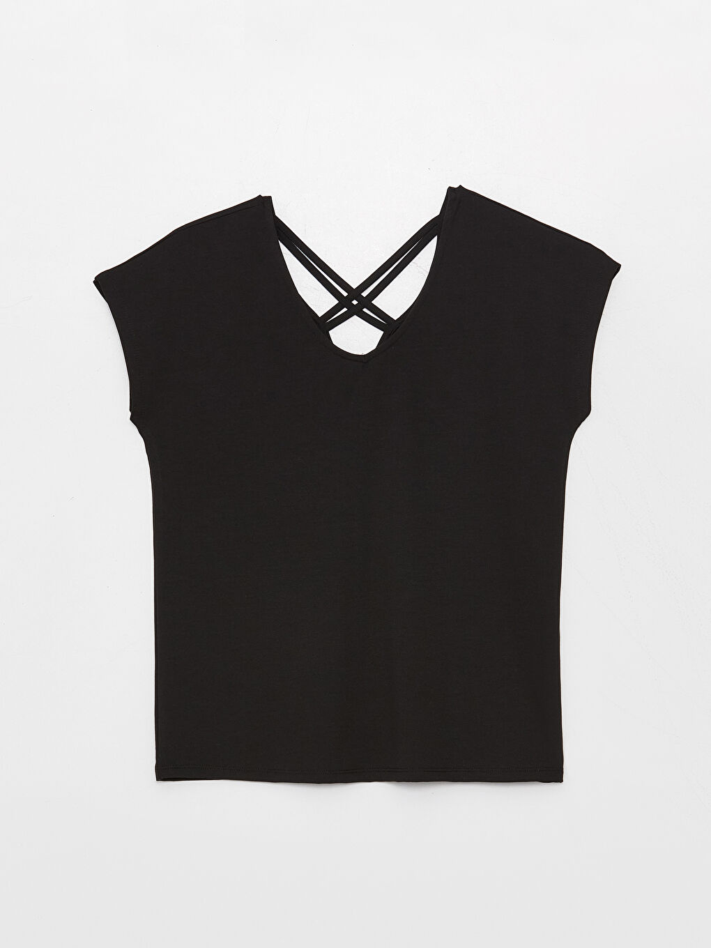 Siyah V Yaka Düz Kısa Kollu Kadın Tişört-5