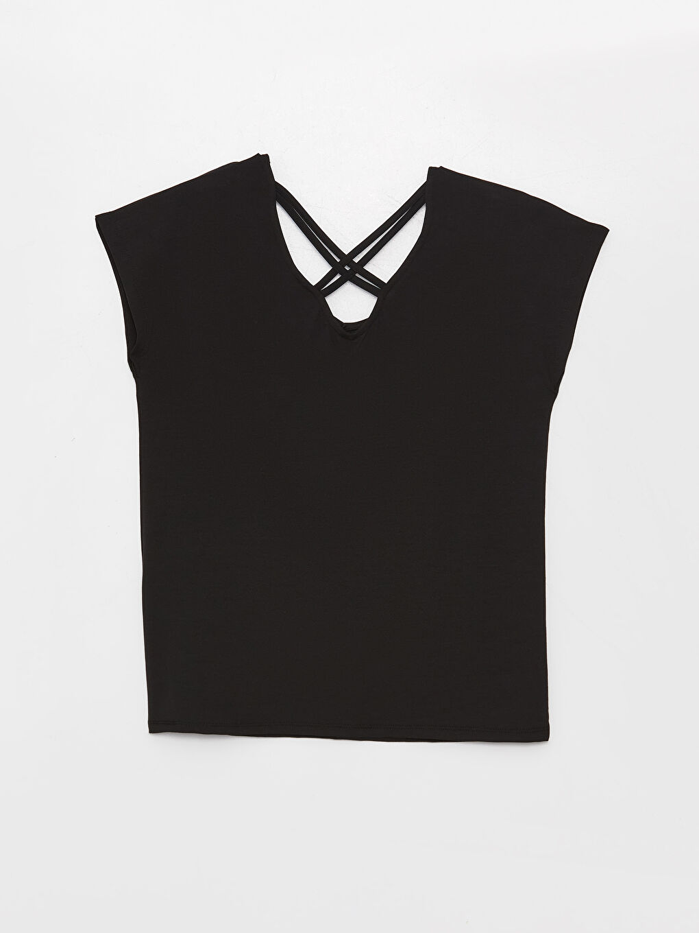 Siyah V Yaka Düz Kısa Kollu Kadın Tişört-6