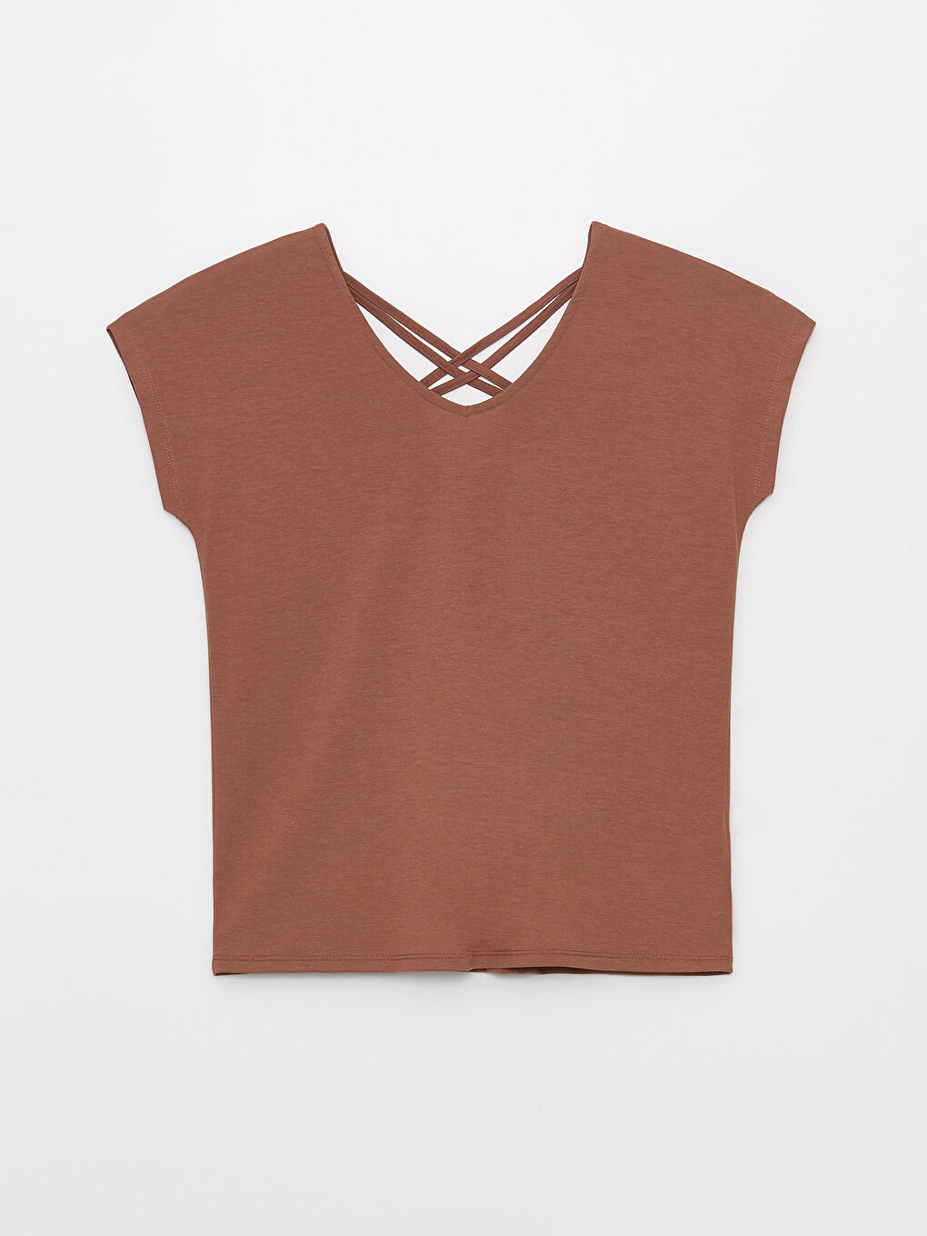 Kahverengi V Yaka Düz Kısa Kollu Kadın Tişört-5