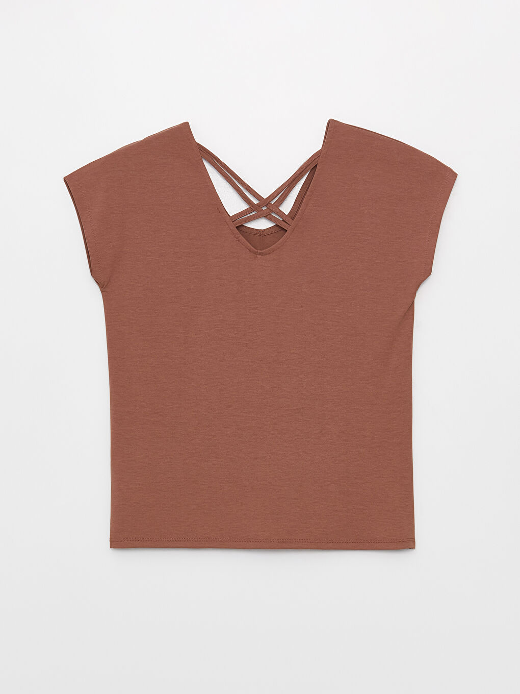 Kahverengi V Yaka Düz Kısa Kollu Kadın Tişört-6