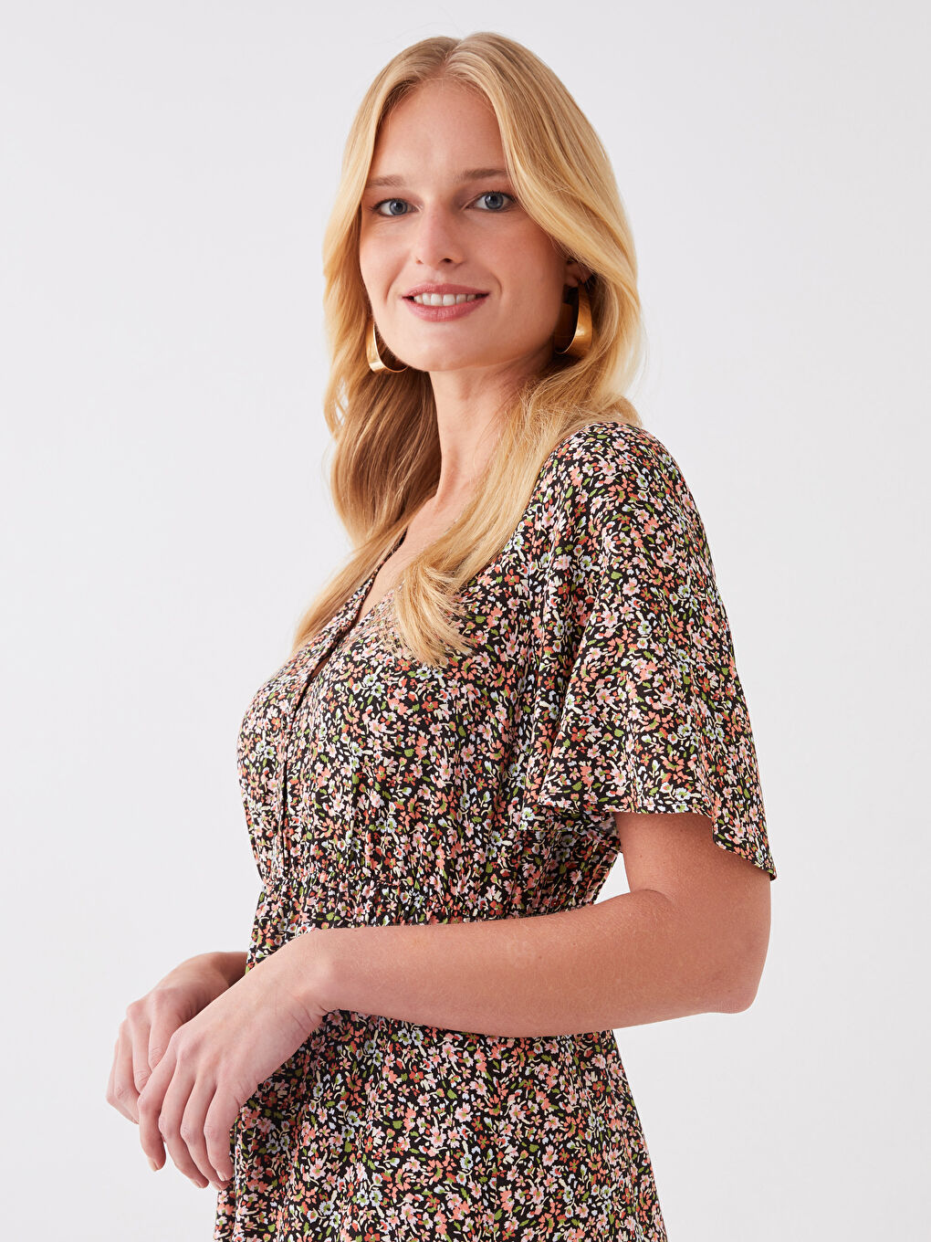 Pembe V Yaka Çiçekli Kısa Kollu Kadın Elbise-2