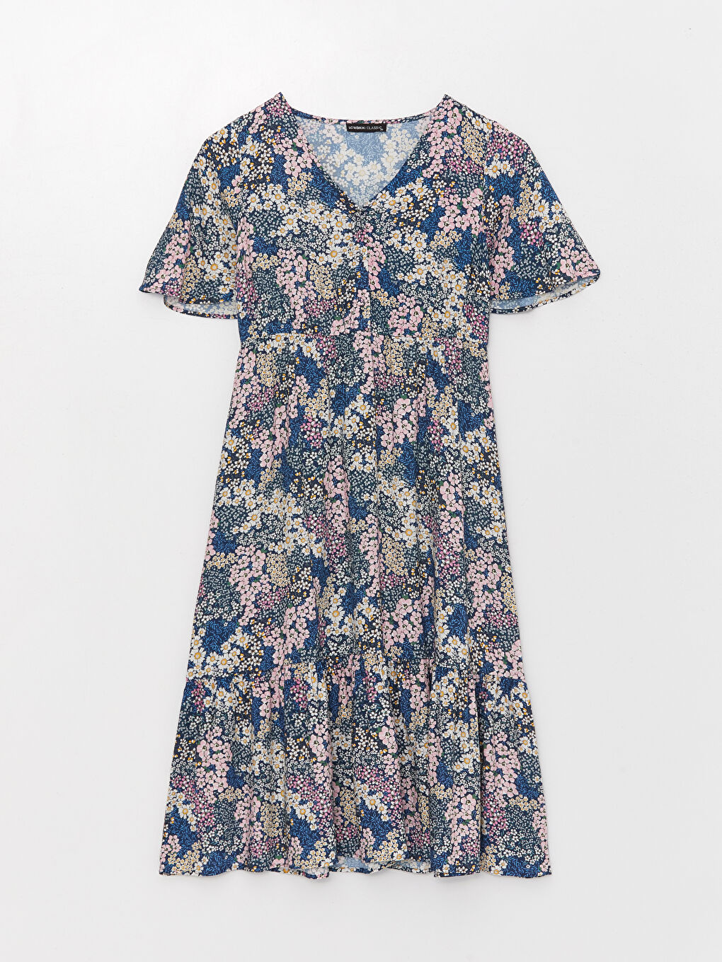 Mavi V Yaka Çiçekli Kısa Kollu Kadın Elbise-5