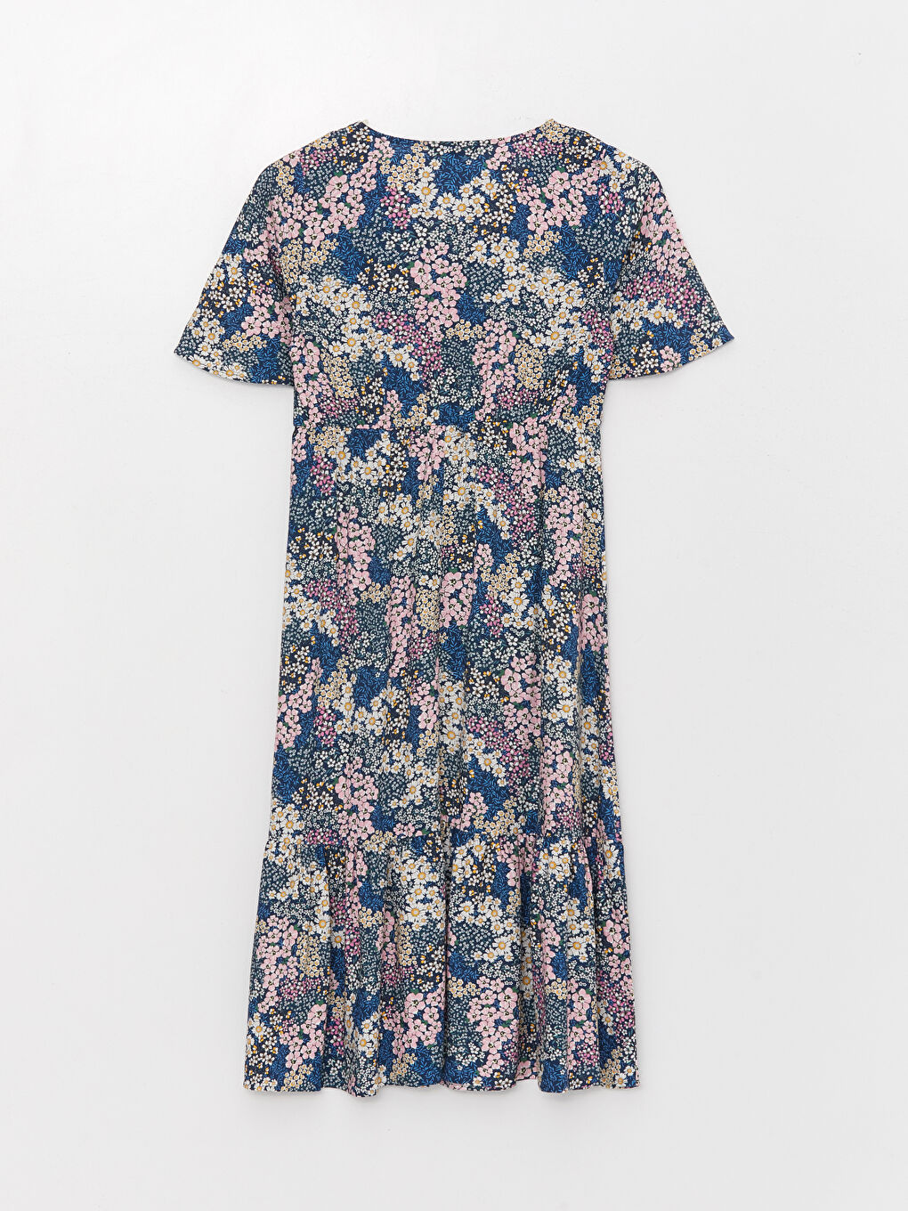 Mavi V Yaka Çiçekli Kısa Kollu Kadın Elbise-6