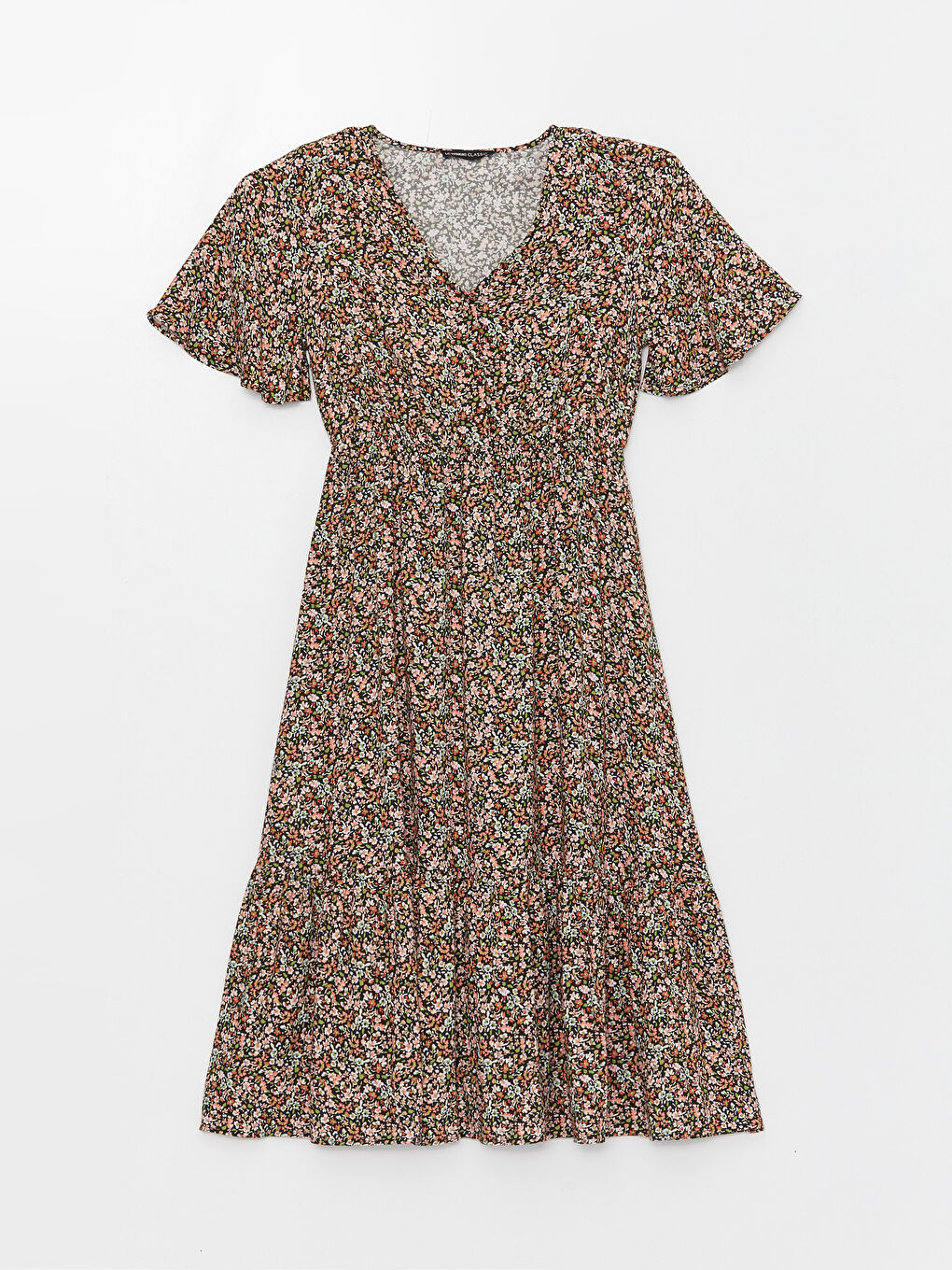 Pembe V Yaka Çiçekli Kısa Kollu Kadın Elbise-5