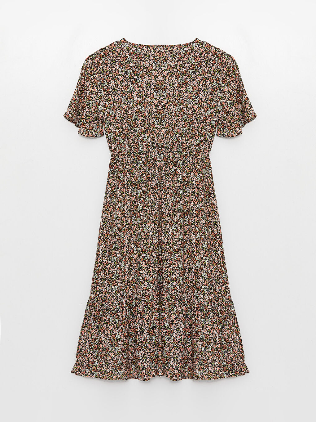 Pembe V Yaka Çiçekli Kısa Kollu Kadın Elbise-6