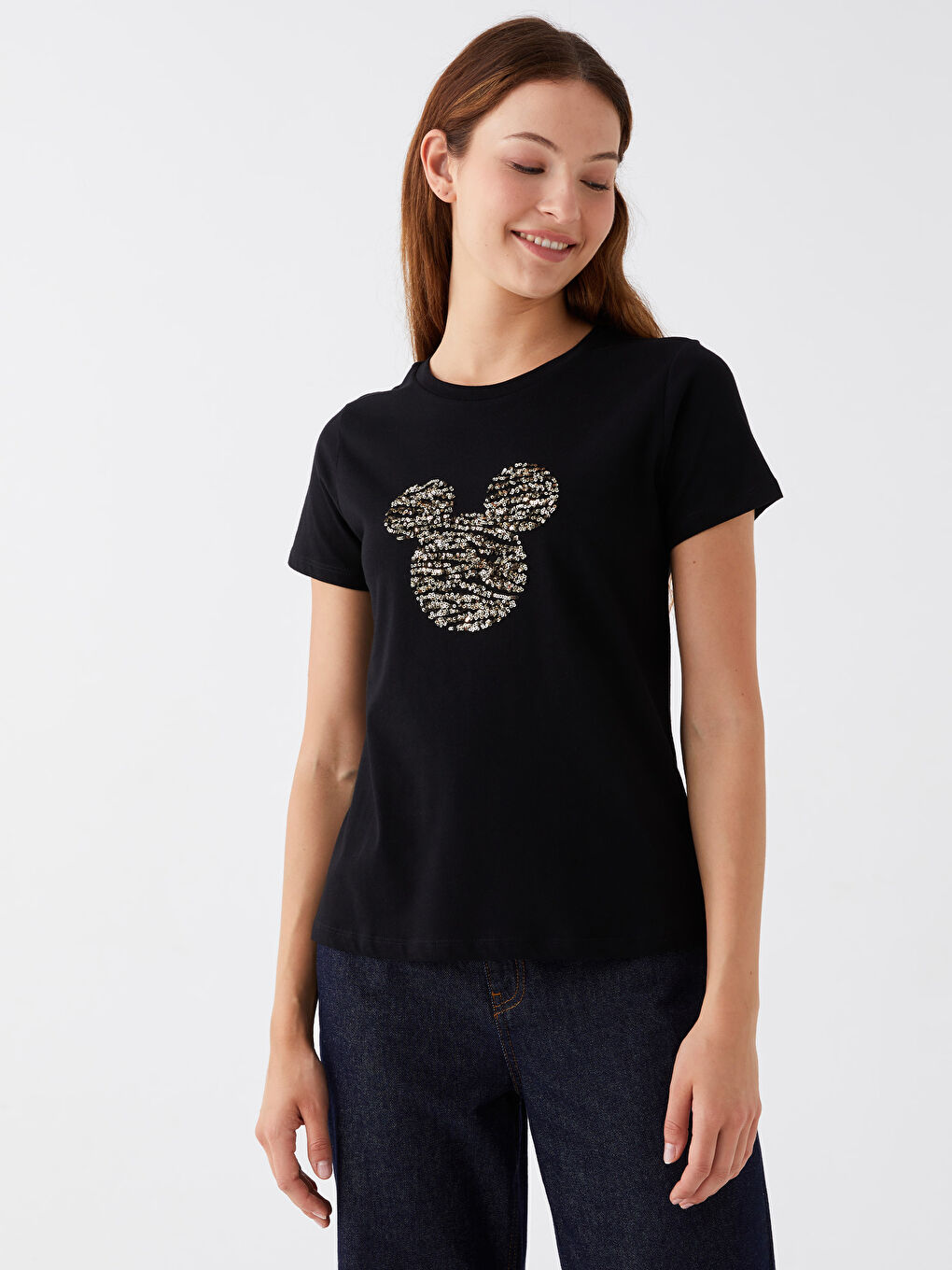 Siyah Bisiklet Yaka Mickey Mouse İşlemeli Kısa Kollu Kadın Tişört-1