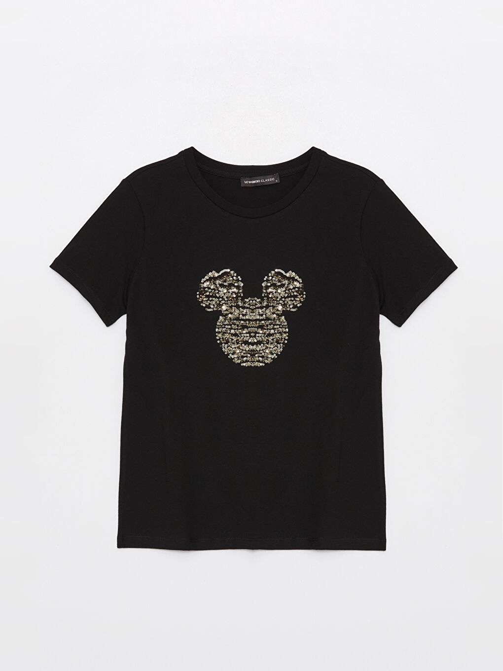 Siyah Bisiklet Yaka Mickey Mouse İşlemeli Kısa Kollu Kadın Tişört-5