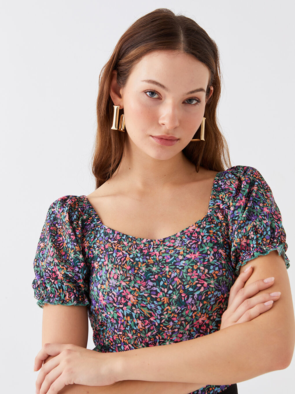 Pembe Kayık Yaka Desenli Kısa Kollu Kadın Tişört-2