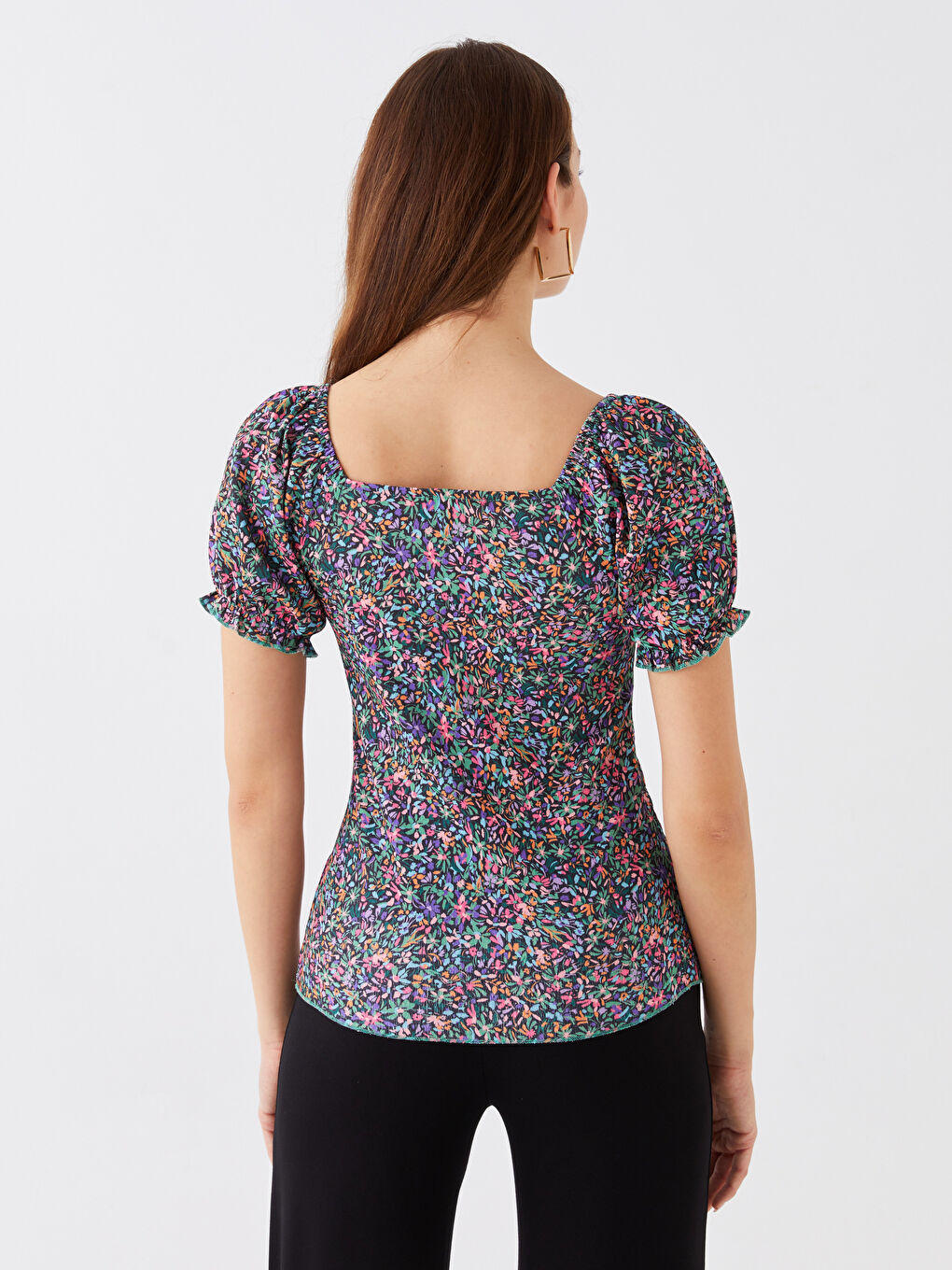 Pembe Kayık Yaka Desenli Kısa Kollu Kadın Tişört-4