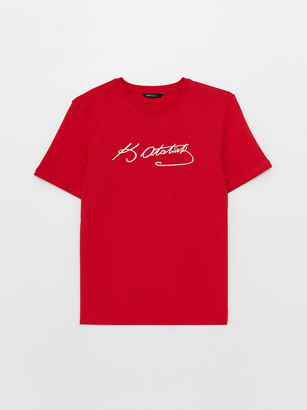 Kırmızı Bisiklet Yaka Kısa Kollu Atatürk İmzası Baskılı Erkek Tişört-5