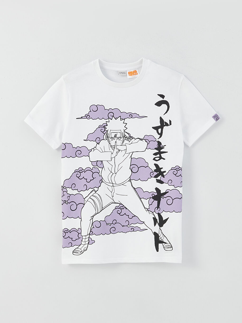 Beyaz Bisiklet Yaka Naruto Baskılı Kısa Kollu Erkek Çocuk Tişört