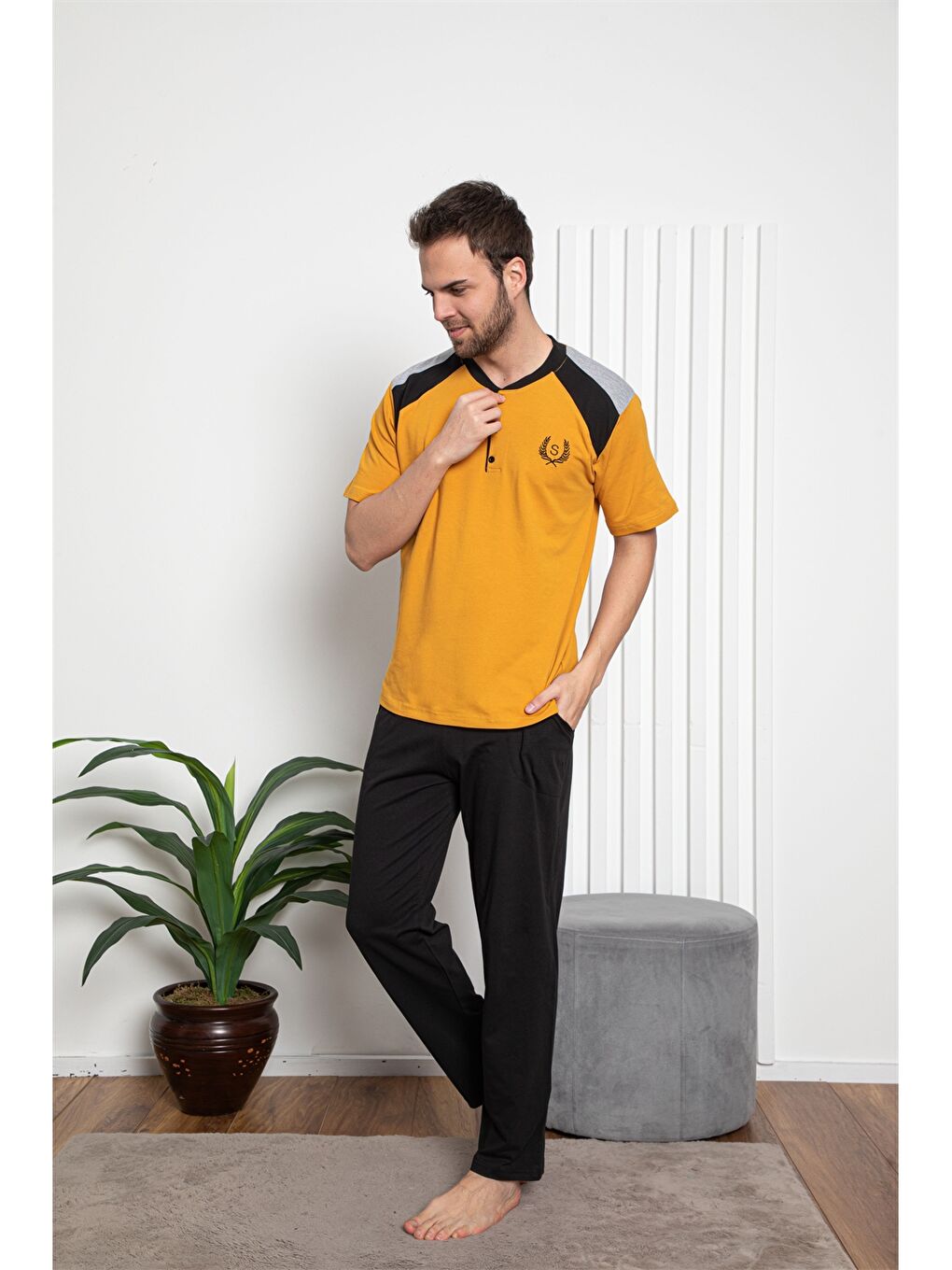 Sarı Standart Kalıp Erkek Pijama Takımı