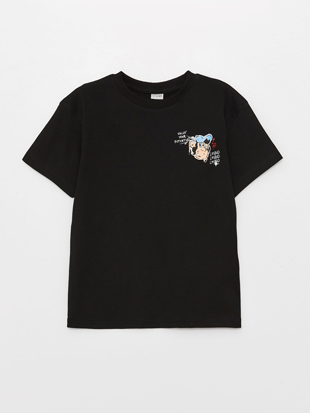 Siyah Bisiklet Yaka Nostaljik Maymun Baskılı Kısa Kollu Pamuklu Erkek Çocuk Tişört