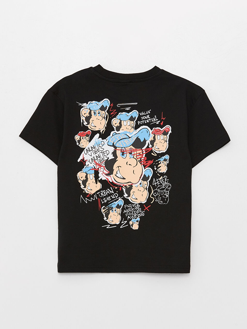 Siyah Bisiklet Yaka Nostaljik Maymun Baskılı Kısa Kollu Pamuklu Erkek Çocuk Tişört-1