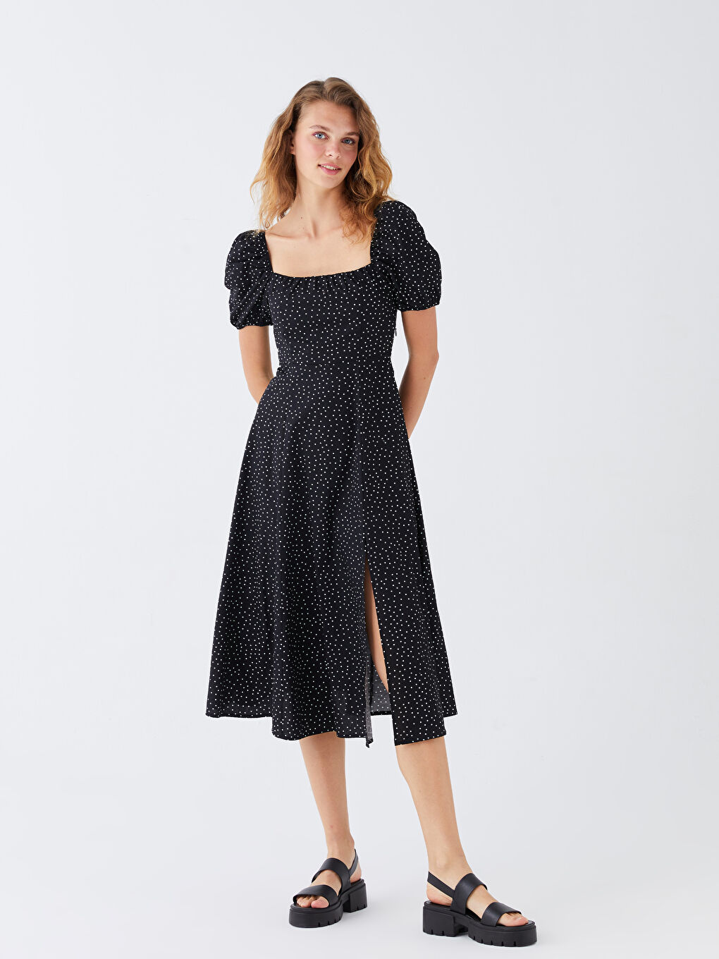 Square Collar Polka Dot Short Sleeve Women's Dress-1