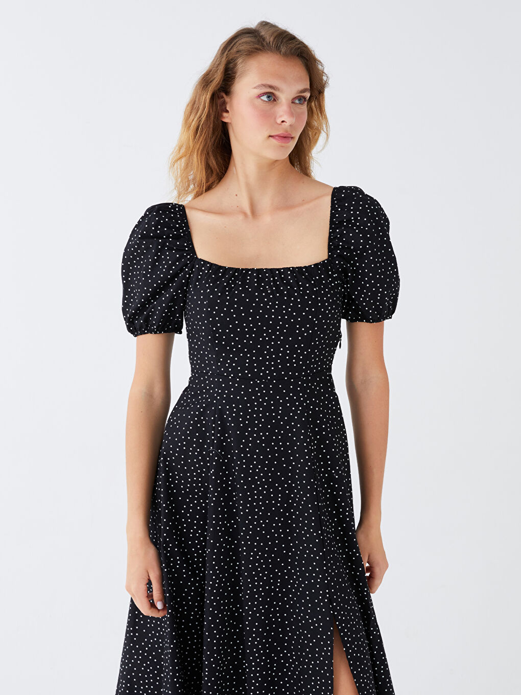Square Collar Polka Dot Short Sleeve Women's Dress-2