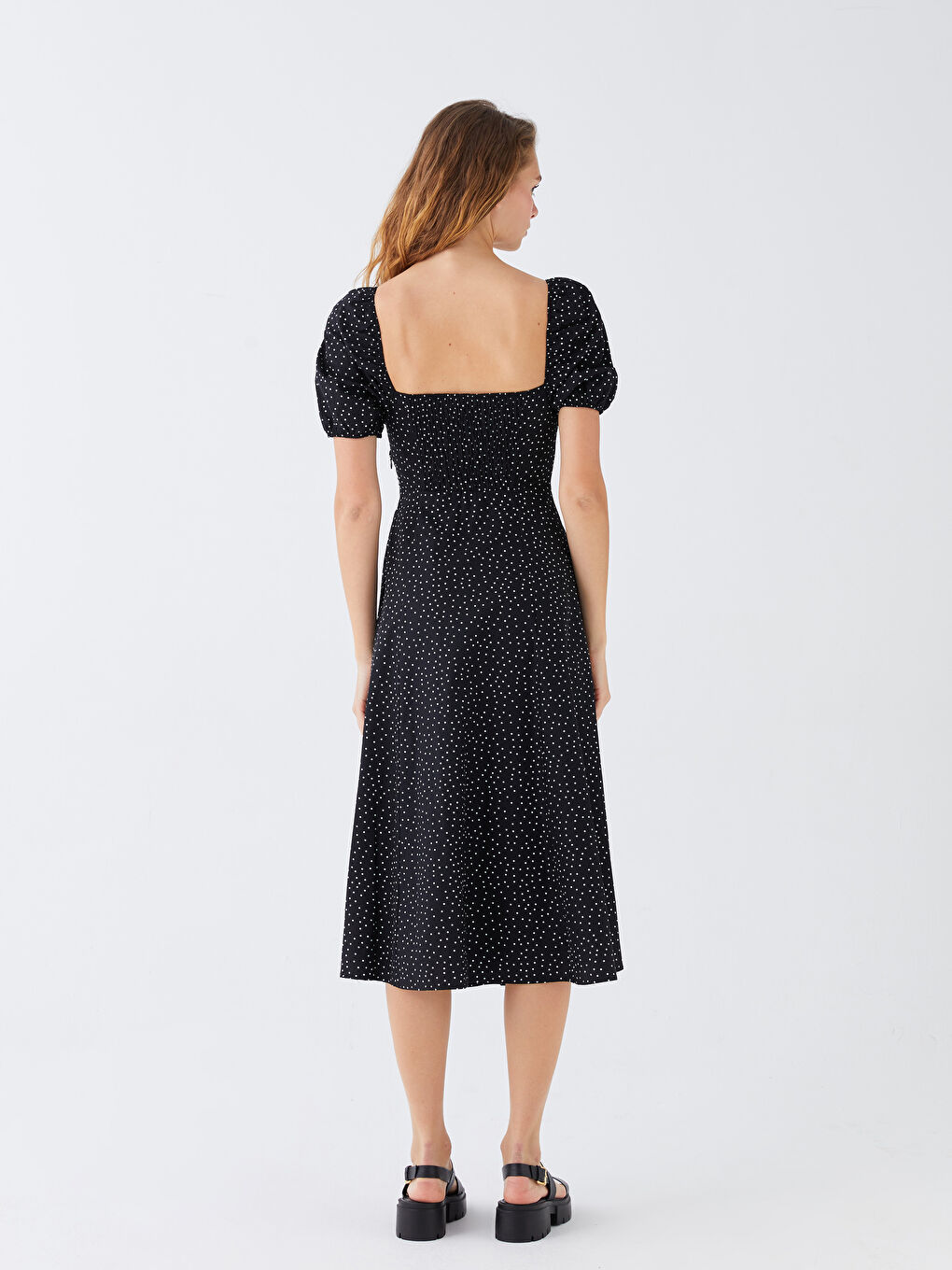 Square Collar Polka Dot Short Sleeve Women's Dress-4