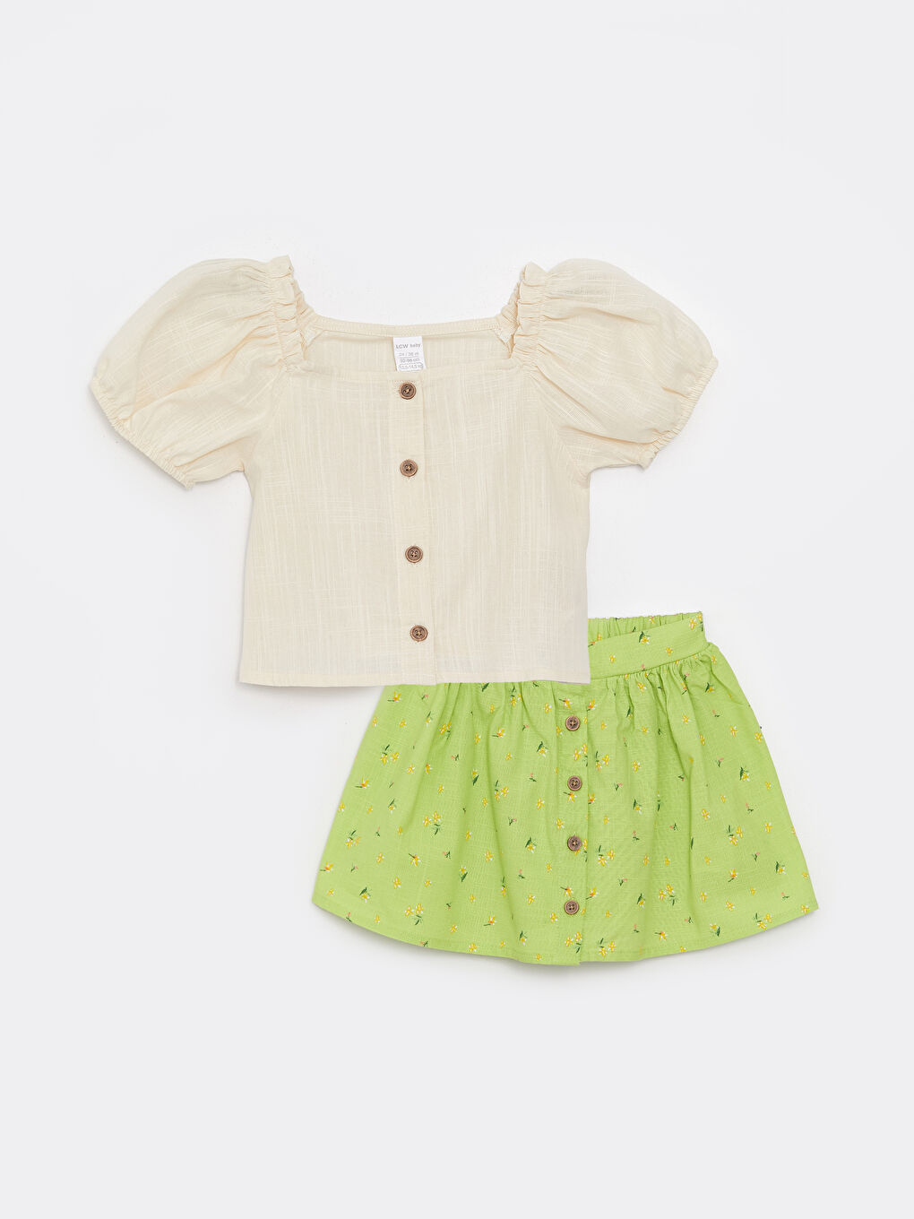 Bej Kare Yaka Kısa Kollu Baskılı Kız Bebek Bluz ve Etek 2'li Takım