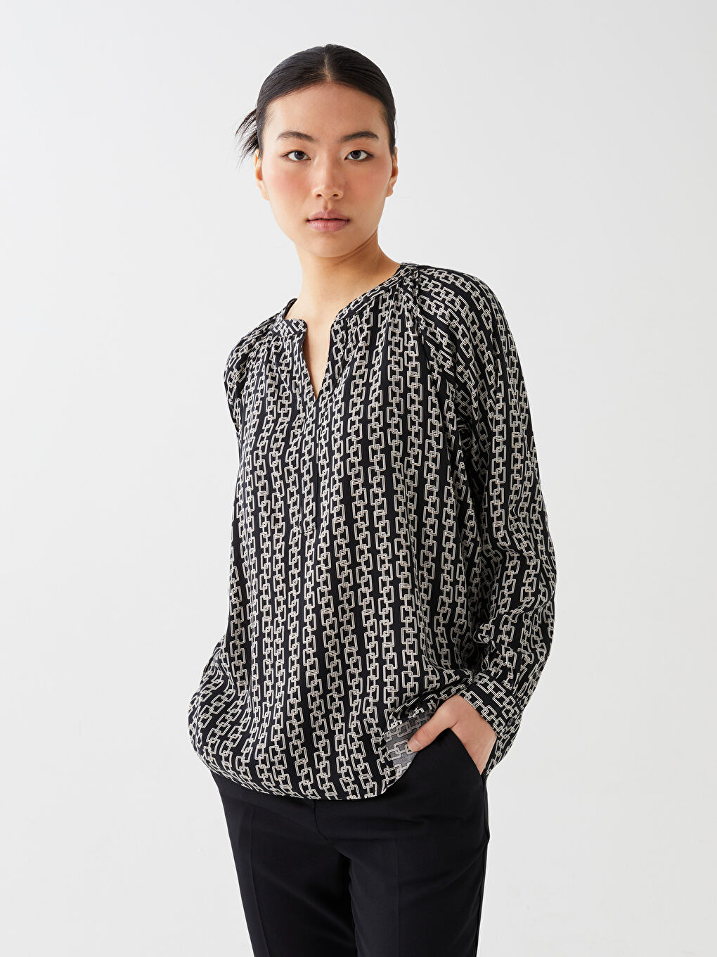 Bluză Supradimensionată cu Mânecă Lungă și Model, Decolteu în V pentru Femei-1