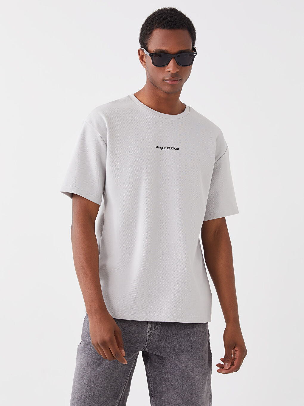 Gri Bisiklet Yaka Kısa Kollu Baskılı Erkek Sweatshirt-1