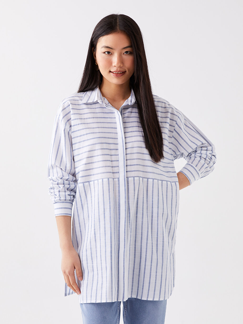 Mavi Çizgili Oversize Poplin Kadın Gömlek