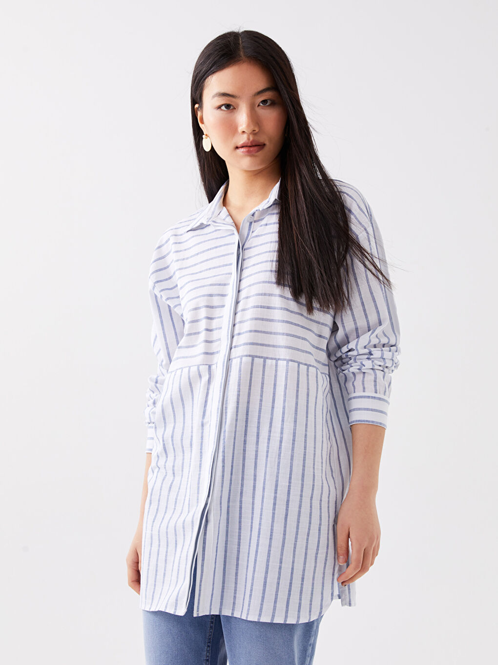 Mavi Çizgili Oversize Poplin Kadın Gömlek-1