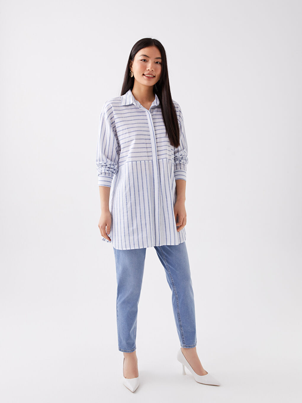 Mavi Çizgili Oversize Poplin Kadın Gömlek-2