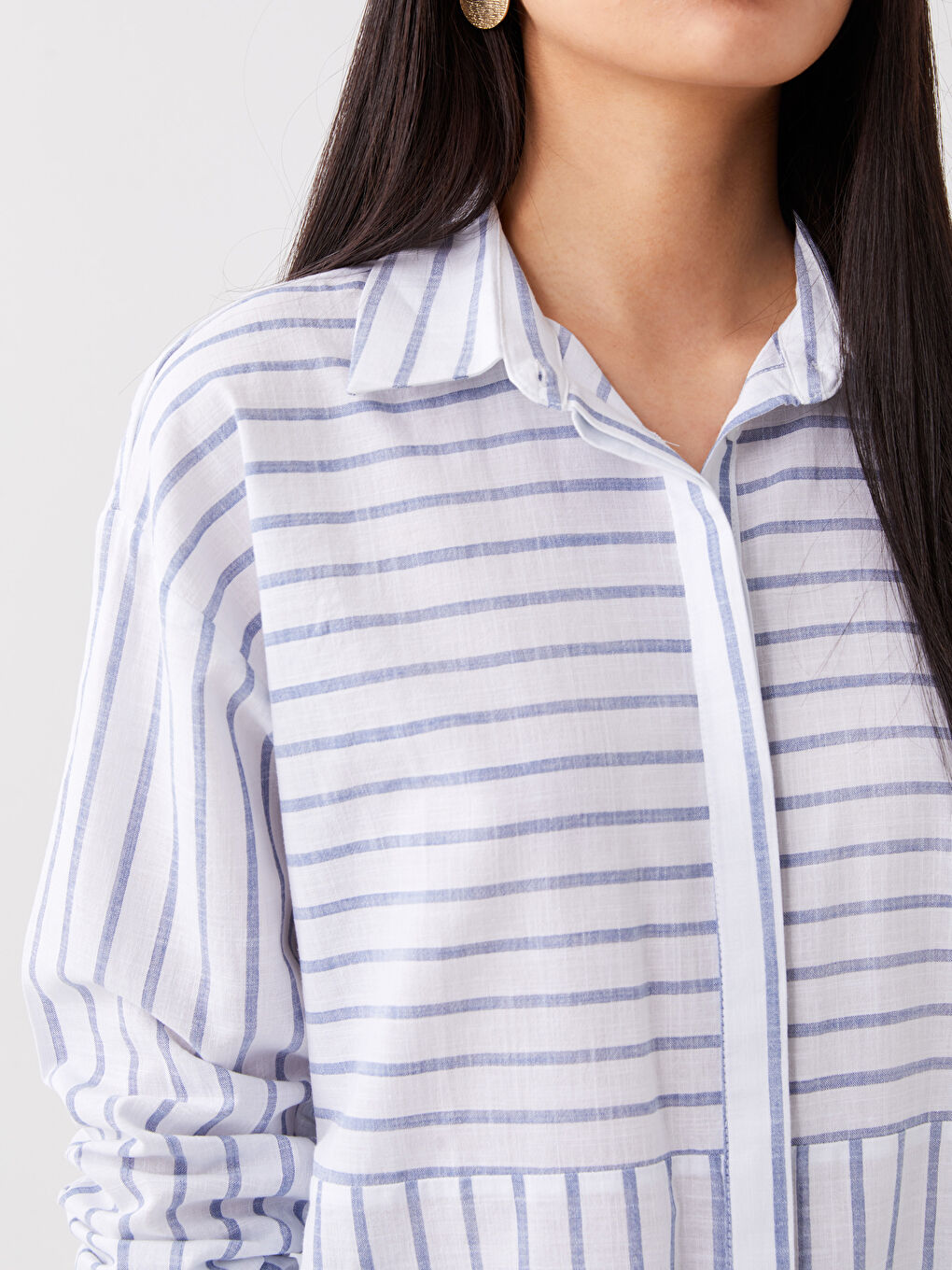 Mavi Çizgili Oversize Poplin Kadın Gömlek-3