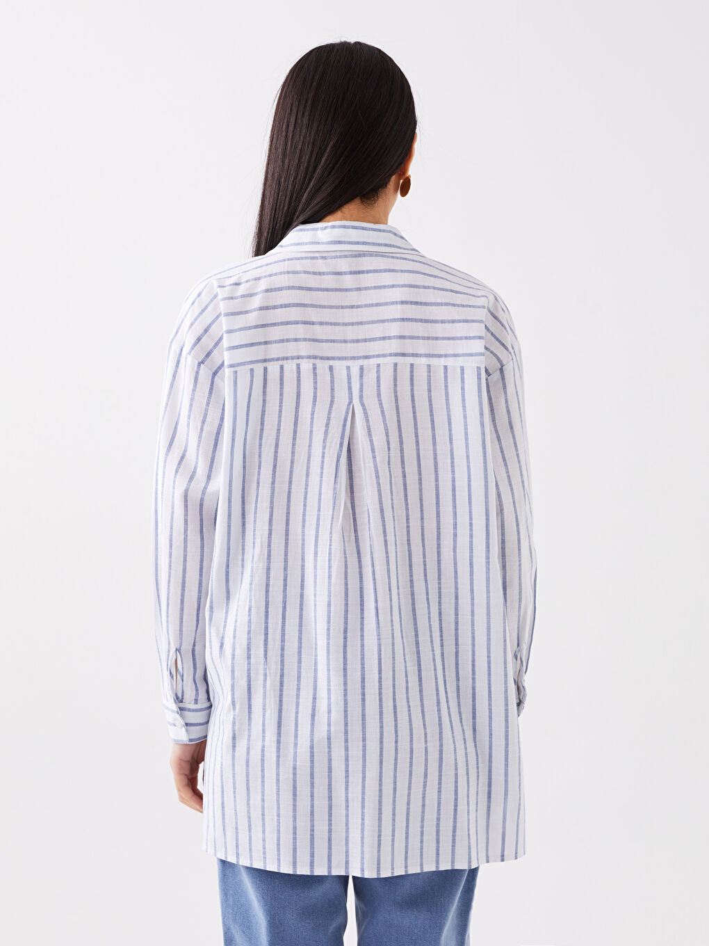 Mavi Çizgili Oversize Poplin Kadın Gömlek-4
