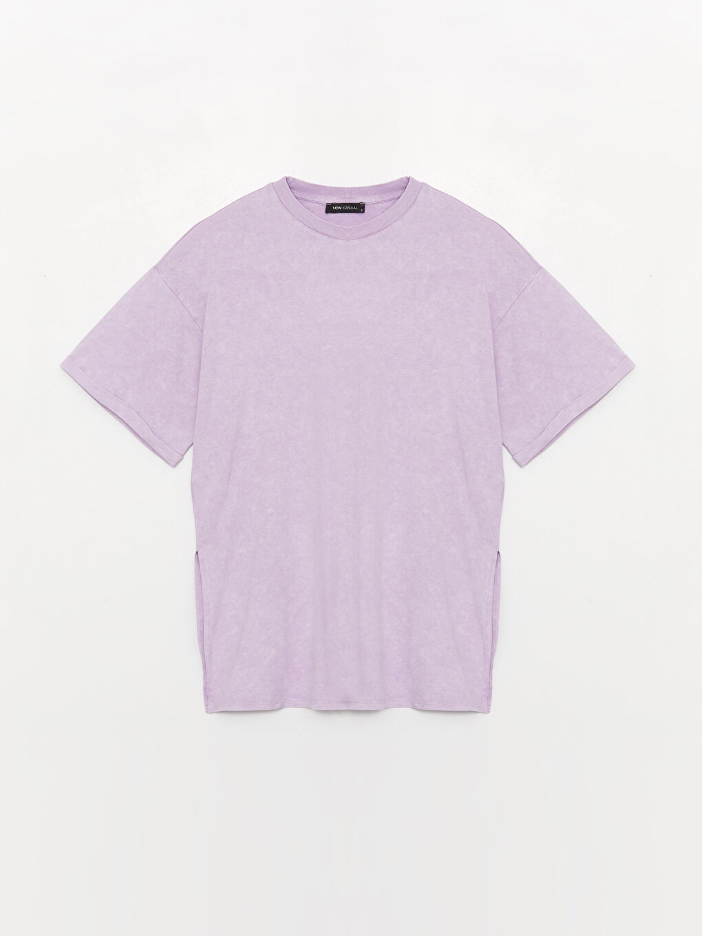 Lila Bisiklet Yaka Düz Kısa Kollu Oversize Kadın Tişört-5