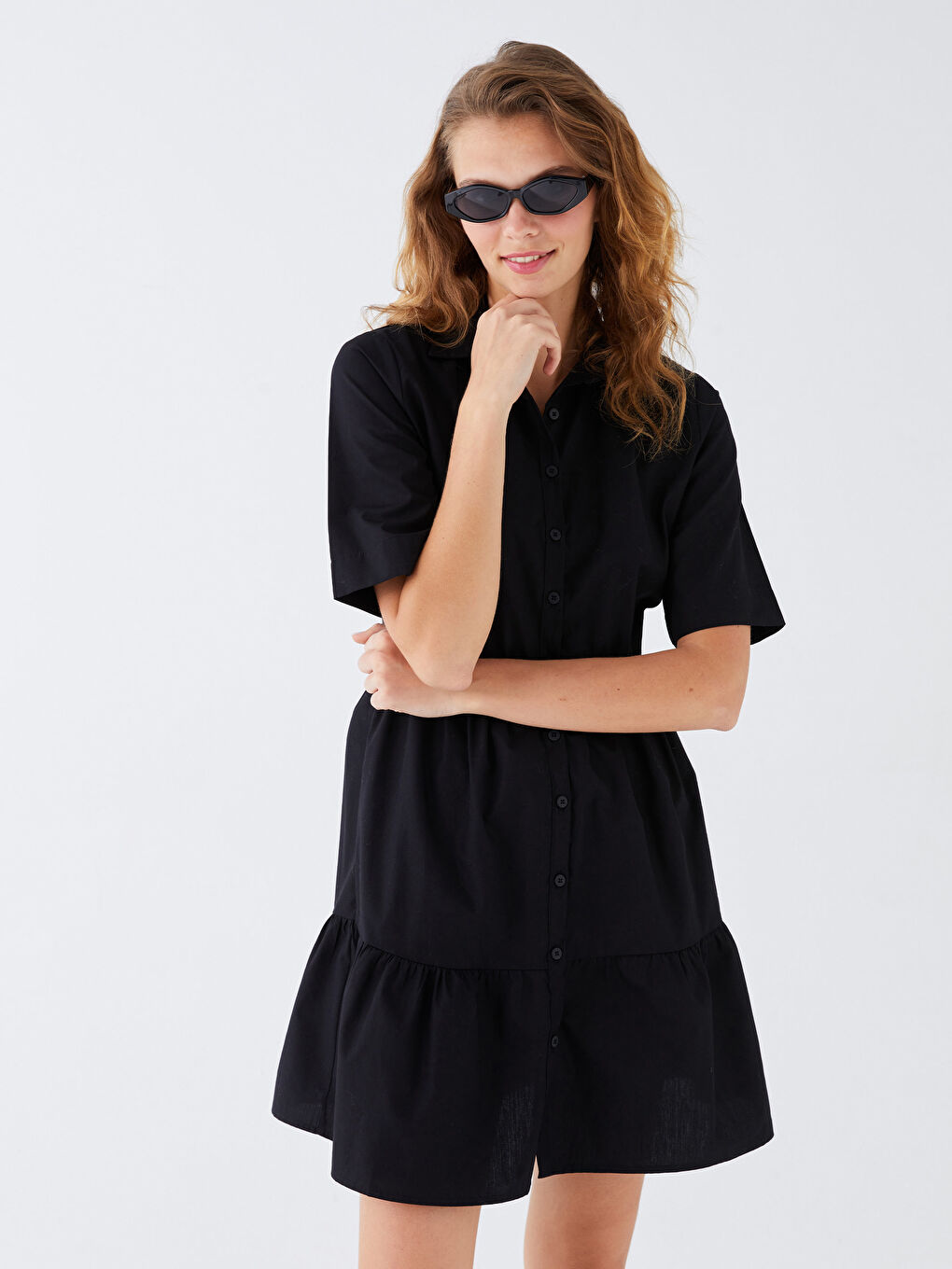 Shirt Collar Straight Short Sleeve Poplin Women Dress -S3II49Z8-CVL