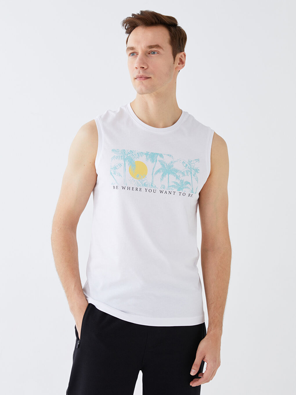 تيشيرت بدون أكمام مطبوع بياقة دائرية جيرسي للرجال-2