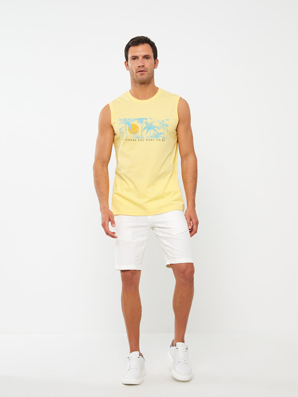 Sarı Bisiklet Yaka Baskılı Penye Erkek Kolsuz Tişört-1