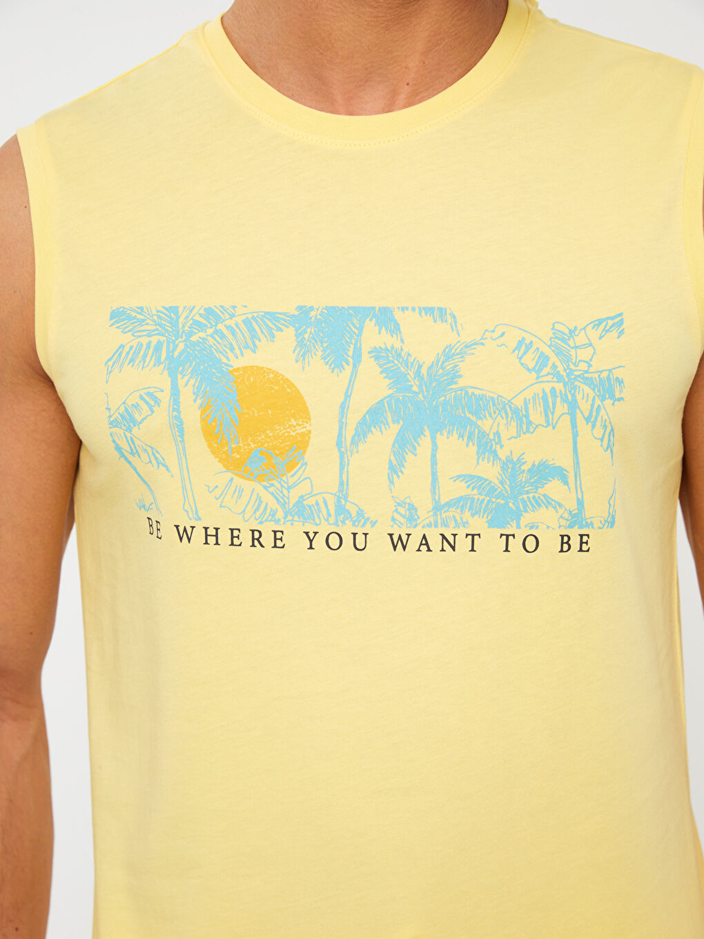 Sarı Bisiklet Yaka Baskılı Penye Erkek Kolsuz Tişört-2