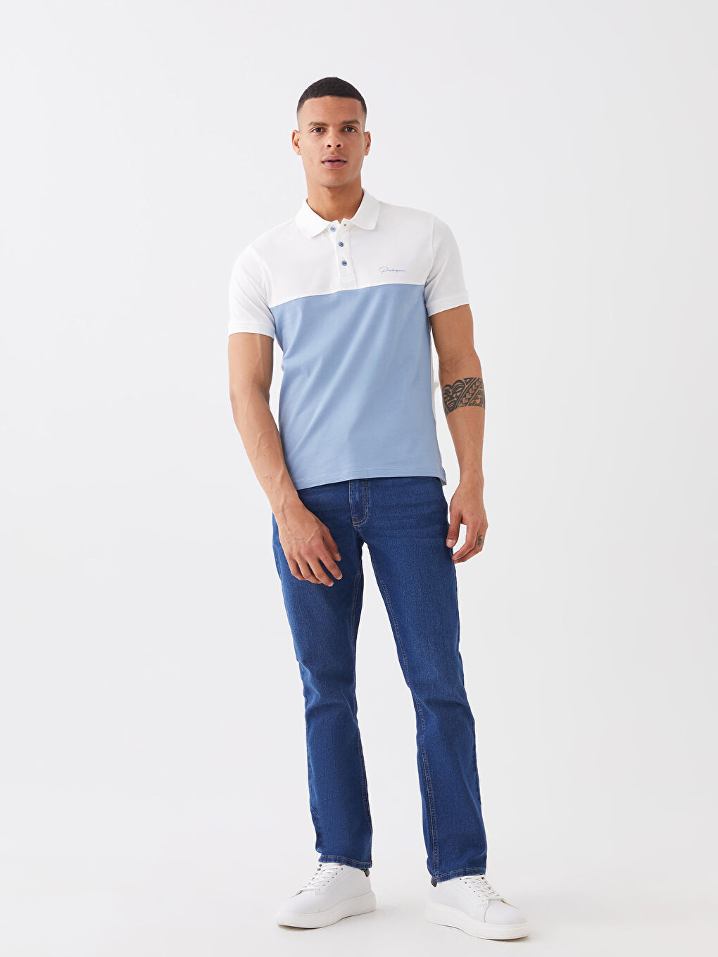 Beyaz Polo Yaka Kısa Kollu Renk Bloklu Erkek Tişört-2